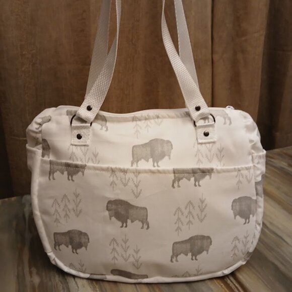 New Canvas Aztec Boho Buffalo Bison Shoulder Bag Purse White Gray Tote Carryall - Picture 4 of 7